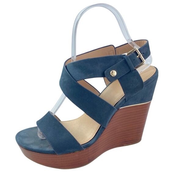 Aldo Women's Navy Blue Suede Leather Strappy Open Toe Wedge Heels Sandals Size 8 - Picture 1 of 6